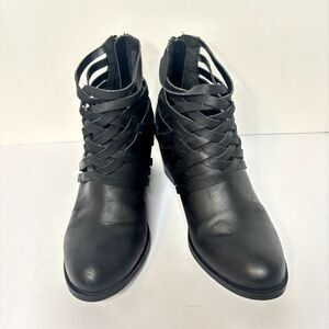 Woven Strap Ankle Boots Black Block Heel Zipper Closure Womens